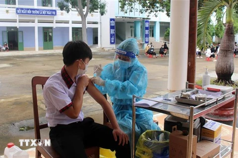 Học sinh Trường THPT Nguyễn Huệ, huyện Ninh Phước, tiêm vaccine phòng COVID-19 mũi 1 tại trường. (Ảnh: Công Thử/TTXVN)
