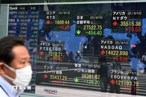 Bảng điện tử thông báo chỉ số Nikkei 225 tại thị trường chứng khoán Tokyo, ngày 16/8/2021. (Ảnh: AFP/TTXVN)