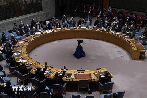 Toàn cảnh phiên bỏ phiếu dự thảo Nghị quyết của Hội đồng Bảo an LHQ về chiến dịch của Nga tại Ukraine, tại New York, Mỹ ngày 25/2/2022. (Ảnh: AFP/TTXVN)