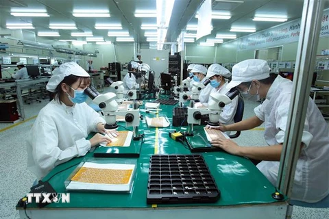Sản xuất linh kiện điện tử tại Công ty TNHH 4P tại xã Vĩnh Khúc, huyện Văn Giang, Hưng Yên. (Ảnh: Phạm Kiên/TTXVN)