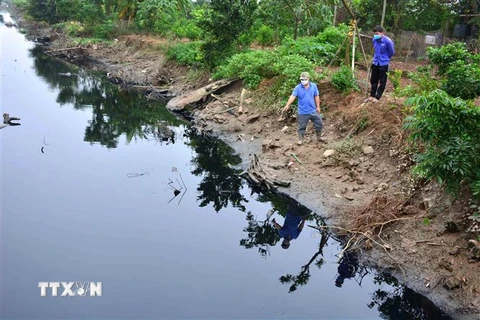 Nước sông ô nhiễm nghiêm trọng tại Xã Nam Mỹ, huyện Nam Trực, tỉnh Nam Định không những ảnh hưởng đến việc tưới tiêu cho cây trồng mà còn gây ảnh hưởng đến cuộc sống, sức khỏe của người dân. (Ảnh: Công Luật/TTXVN)