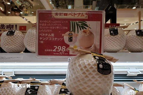 Dừa Việt Nam được bày bán tại siêu thị AEON Lake Town ở Saitama, Nhật Bản. (Ảnh: Đào Thanh Tùng/TTXVN)