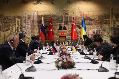 Tổng thống Thổ Nhĩ Kỳ Recep Tayyip Erdogan (giữa) trong cuộc gặp phái đoàn Nga (trái) và Ukraine (phải) tại thành phố Istanbul, ngày 29/3/2022. (Ảnh: AFP/TTXVN)