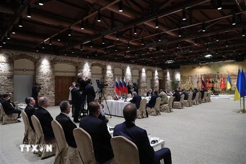 Toàn cảnh cuộc đàm phán giữa phái đoàn Nga và Ukraine tại thành phố Istanbul, Thổ Nhĩ Kỳ ngày 29/3/2022. (Ảnh: AFP/TTXVN)