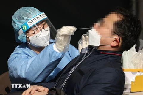 Nhân viên y tế lấy mẫu xét nghiệm COVID-19 cho người dân tại Seoul, Hàn Quốc. (Ảnh: Yonhap/TTXVN)