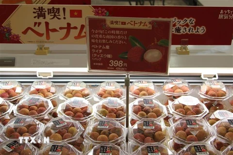 Vải thiều Việt Nam được bày bán tại siêu thị AEON Lake Town ở Saitama (Nhật Bản). (Ảnh: Đào Thanh Tùng/TTXVN)