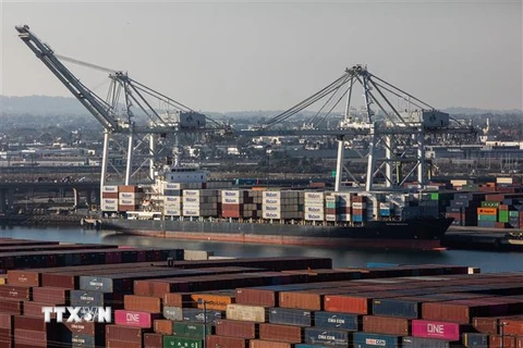 Tàu container cập cảng Long Beach ở California, Mỹ, ngày 17/11/2021. (Ảnh: AFP/TTXVN)