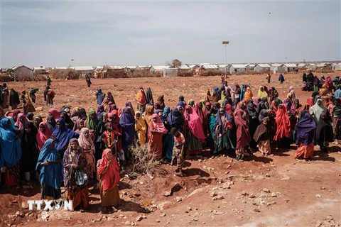 Người dân xếp hàng chờ nhận lương thực cứu trợ tại trại tị nạn ở Baidoa, Somalia, ngày 14/2/2022. (Ảnh: AFP/TTXVN)