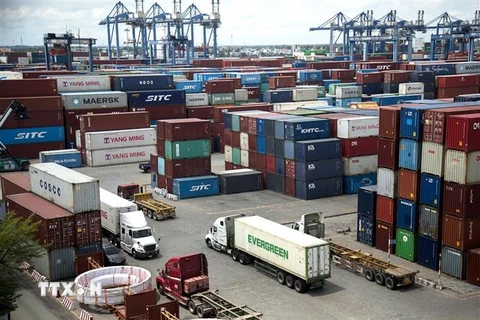 Bãi chứa Container hàng hóa tại Tân Cảng Cát Lái. (Ảnh: Hồng Đạt/TXVN)