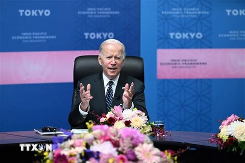 Tổng thống Mỹ Joe Biden công bố Khuôn khổ Kinh tế Ấn Độ Dương-Thái Bình Dương vì Thịnh vượng (IPEF), tại Tokyo, Nhật Bản ngày 23/5/2022. (Ảnh: AFP/TTXVN)