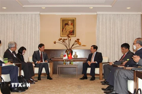 Quang cảnh buổi tiếp giữa Phó Thủ tướng Thường trực Chính phủ Phạm Bình Minh và Phó Chủ tịch Thường trực JICA Yamada Yunichi. (Ảnh: Đức Thịnh/TTXVN)