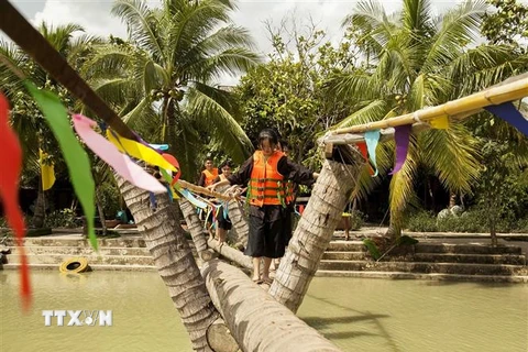 Du khách trải nghiệm đi cầu dừa trên vùng sông nước Bến Tre trong Khu du lịch sinh thái Lan Vương, ấp 2, xã Phú Nhuận, thành phố Bến Tre (Bến Tre). (Ảnh: Hồng Đạt/TTXVN)