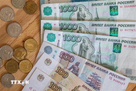 Đồng tiền giấy và tiền xu ruble của Nga. (Ảnh: THX/TTXVN)