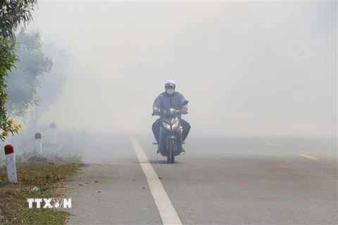 Khói đốt rơm rạ làm hạn chế tầm nhìn trên Quốc lộ 61C, đoạn qua huyện Vị Thủy, tỉnh Hậu Giang. (Ảnh: Duy Khương/TTXVN)