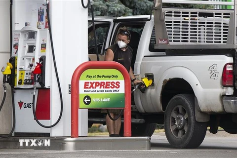 Bơm xăng cho phương tiện tại một trạm xăng ở Ontario, Canada. (Ảnh: THX/TTXVN)