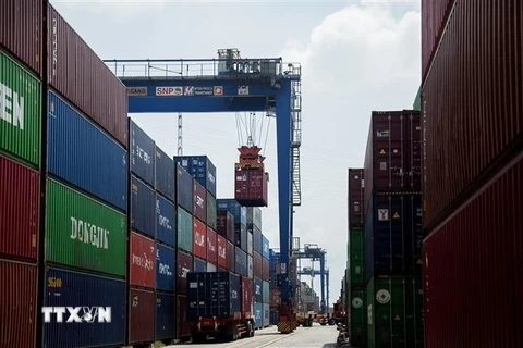 Hoạt động bốc dỡ hàng hóa tại Tân Cảng Cát Lái thuộc Tân Cảng Sài Gòn. (Ảnh: Hồng Đạt/TTXVN)