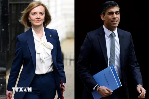 Ngoại trưởng Anh Liz Truss (trái) và cựu Bộ trưởng Tài chính Rishi Sunak - hai ứng viên trong cuộc đua trở thành Thủ tướng Anh. (Ảnh: AFP/TTXVN)