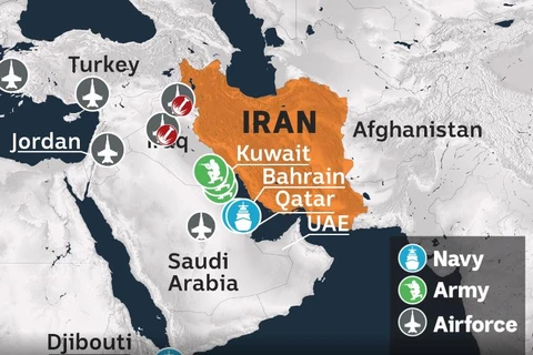 Iran bị "bao vây" bởi các căn cứ và cơ sở quân sự của Mỹ. (Nguồn: abc.net.au)