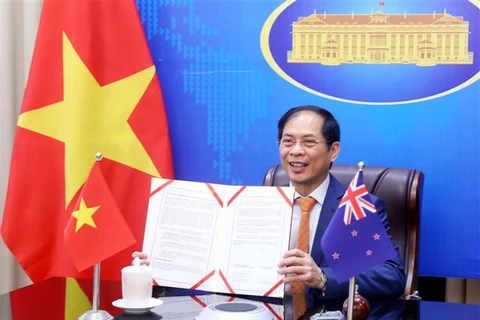 Bộ trưởng Ngoại giao Bùi Thanh Sơn ký chương trình hành động Việt Nam-New Zealand giai đoạn 2021-2024. (Ảnh: Lâm Khánh/TTXVN)