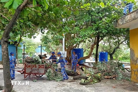 Cán bộ, chiến sỹ trên huyện đảo Trường Sa tích cực triển khai các phương án phòng, chống bão. (Ảnh: TTXVN phát)
