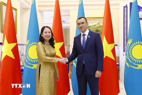Phó Chủ tịch nước Võ Thị Ánh Xuân hội kiến Chủ tịch Thượng viện Kazakhstan Maulen Ashimbayev. (Ảnh: Lâm Khánh/TTXVN)