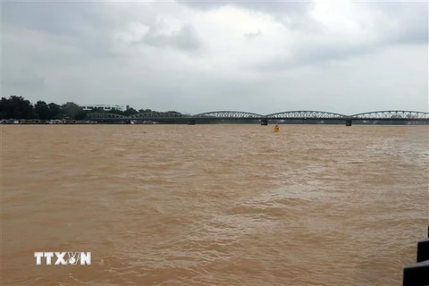 Nước lũ trên sông Hương ở mức xấp xỉ báo động 2. (Ảnh: Đỗ Trưởng/TTXVN)