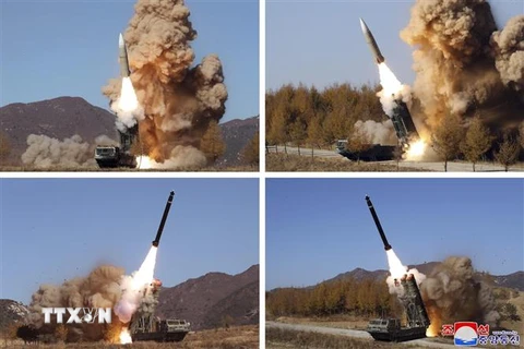 Hình ảnh do Hãng thông tấn Trung ương Triều Tiên đăng phát ngày 7/11/2022 về các vụ phóng tên lửa của quân đội Triều Tiên về vùng biển phía Đông và Hoàng Hải, từ ngày 2-5/11/2022. (Ảnh: Yonhap/TTXVN)