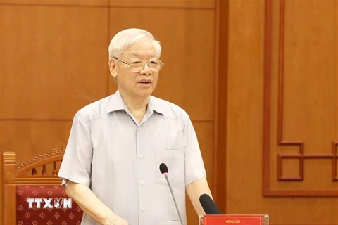 Tổng Bí thư Nguyễn Phú Trọng phát biểu chỉ đạo cuộc họp. (Ảnh: Phương Hoa/TTXVN)