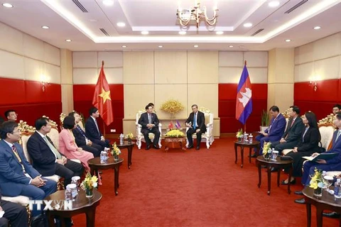 Chủ tịch Quốc hội Vương Đình Huệ tiếp Đại tướng Hun Manet, Phó Tổng Tư lệnh quân đội Hoàng gia, Phó Tư lệnh lục quân Campuchia. (Ảnh: Doãn Tấn/TTXVN)
