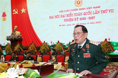 Thượng tướng Nguyễn Văn Được, Chủ tịch Hội Cựu chiến binh Việt Nam phát biểu tại Đại hội đại biểu toàn quốc Hội Cựu chiến binh Việt Nam lần thứ VII. (Ảnh: Trọng Đức/TTXVN