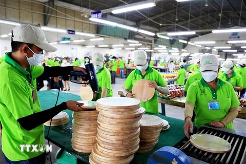 Công nhân làm thớt gỗ xuất khẩu tại Công ty cổ phần chế biến Gỗ Đức Thành, quận Gò Vấp, Thành phố Hồ Chí Minh trở lại làm việc sau Tết. (Ảnh: Hồng Đạt/TTXVN)