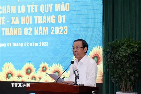 Bí thư Thành ủy Thành phố Hồ Chí Minh Nguyễn Văn Nên phát biểu chỉ đạo tại Hội nghị. (Ảnh: Tiến Lực/TTXVN)
