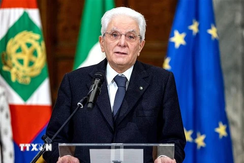 Tổng thống Sergio Mattarella phát biểu sau khi tái đắc cử ở Rome, Italy,ngày 29/1/2022.( Ảnh: AFP/TTXVN)