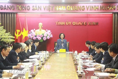 Trưởng Ban Tổ chức Trung ương Trương Thị Mai phát biểu kết luận buổi làm việc với tập thể Ban Thường vụ Tỉnh ủy Quảng Ninh. (Ảnh: TTXVN phát)