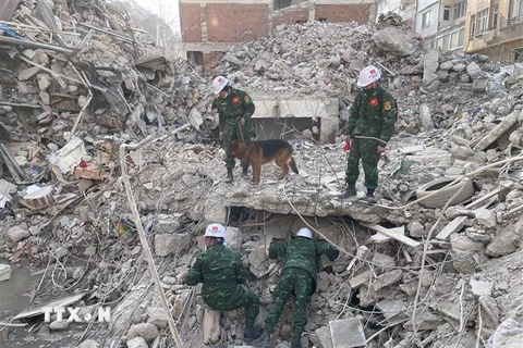 Lực lượng cứu hộ, cứu nạn của QĐND Việt Nam triển khai hoạt động tại Antakya, thủ phủ tỉnh Hatay, ngày 19/2/2023. (Ảnh: Hải Linh/TTXVN)
