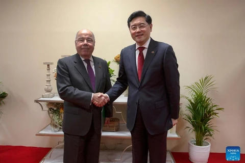 Ngoại trưởng Trung Quốc Tần Cương gặp người đồng cấp Brazil Mauro Vieira bên lề Hội nghị Bộ trưởng Ngoại giao Nhóm 20 (G20) tại New Delhi, Ấn Độ, ngày 2/3. (Nguồn: Tân Hoa xã)