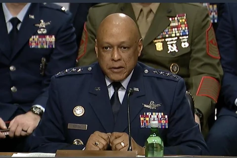 Tướng Anthony Cotton, chỉ huy Bộ Tư lệnh Chiến lược Mỹ tại phiên điều trần của ủy ban quân vụ Thượng viện tại Washington ngày 9/3. (Nguồn: Yonhap)