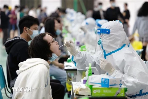 Nhân viên y tế xét nghiệm COVID-19 cho học sinh tại thành phố Thượng Hải, Trung Quốc ngày 14/3/2022. (Ảnh: THX/TTXVN)