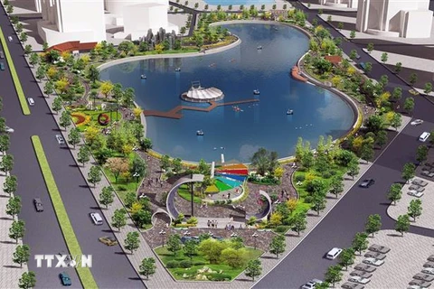 Mô hình thiết kế công viên, hồ Long Biên. (Ảnh: TTXVN phát)