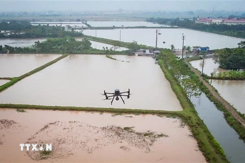 Một chiếc UAV đang trong quá trình đo đạc, xác mịnh mốc chỉ giới đỏ cho dự án Vành đai 4-Vùng thủ đô. (Ảnh: Trung Nguyên/TTXVN)