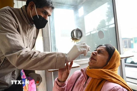 Nhân viên y tế lấy mẫu xét nghiệm COVID-19 cho người dân tại Amritsar, Ấn Độ. (Ảnh: AFP/TTXVN)