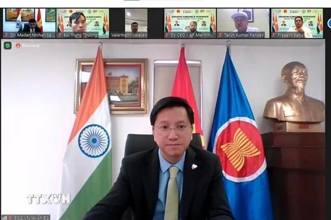 Đại sứ Việt Nam tại Ấn Độ Nguyễn Thanh Hải phát biểu khai mạc hội thảo trực tuyến với chủ đề "Cơ hội hợp tác đầu tư, kinh doanh giữa bang Andhra Pradesh và Việt Nam". (Ảnh: Ngọc Thúy/TTXVN)