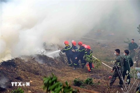 Lực lượng chức năng diễn tập ứng phó cháy rừng, sẵn sàng cho các tình huống trong mùa hanh khô. (Ảnh: Quang Quyết/TTXVN)