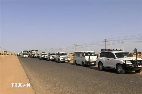 Đoàn xe chở công dân sơ tán rời thủ đô Khartoum tới Cảng Sudan ngày 23/4/2023. (Ảnh: AFP/TTXVN)