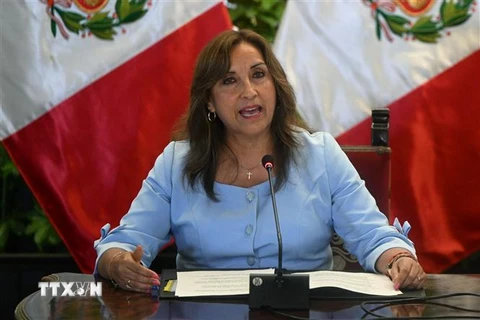 Tổng thống Peru Dina Boluarte trong cuộc họp báo ở Lima ngày 10/2/2023. (Ảnh: AFP/TTXVN)