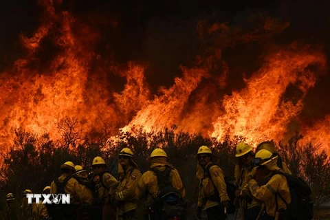 Nhân viên cứu hỏa nỗ lực khống chế đám cháy rừng tại California, Mỹ, ngày 8/9/2022. (Ảnh: AFP/TTXVN)