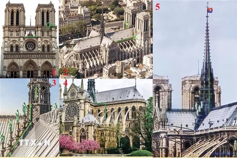 Những bức ảnh mô tả quá trình các chàng trai Thuỵ Sĩ leo lên chóp tháp của Nhà thờ Đức Bà Paris để treo cờ Việt Nam. (Ảnh: Thu Hà/TTXVN)