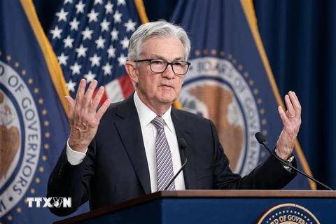 Chủ tịch Ngân hàng Dự trữ Liên bang Mỹ (Fed) Jerome Powell trong cuộc họp báo công bố quyết định tăng lãi suất của Fed, tại Washington DC., ngày 3/5/2023. (Ảnh: THX/TTXVN)