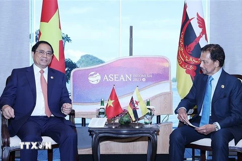 Thủ tướng Phạm Minh Chính gặp Quốc vương Brunei Hassanal Bolkiah. (Ảnh: Dương Giang/TTXVN)