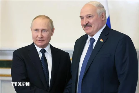 Tổng thống Nga Vladimir Putin (trái) và người đồng cấp Belarus Alexander Lukashenko tại cuộc gặp ở Saint Petersburg, ngày 25/6/2022. (Ảnh: AFP/TTXVN) 